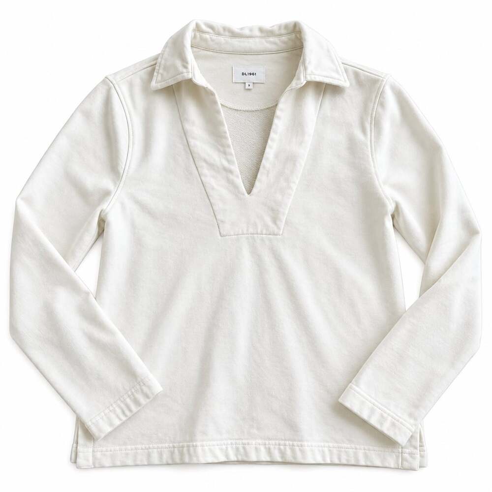 DL1961 V-Neck Polo Sweatshirt Size S White French Terry Pullover